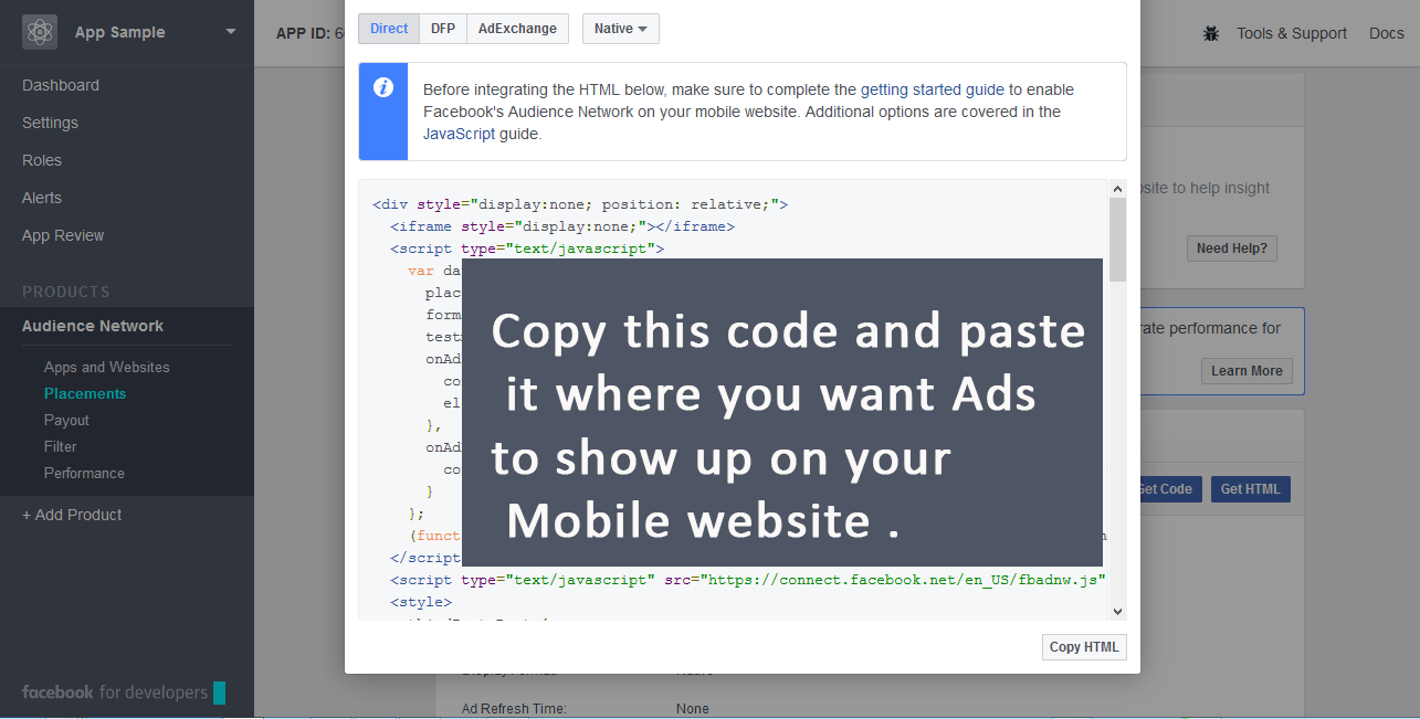 Copy the Facebook Ad Code placement for my website